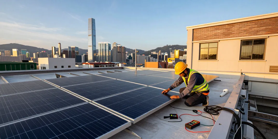 Solar panel installation Hong Kong technician on rooftop with city skyline.