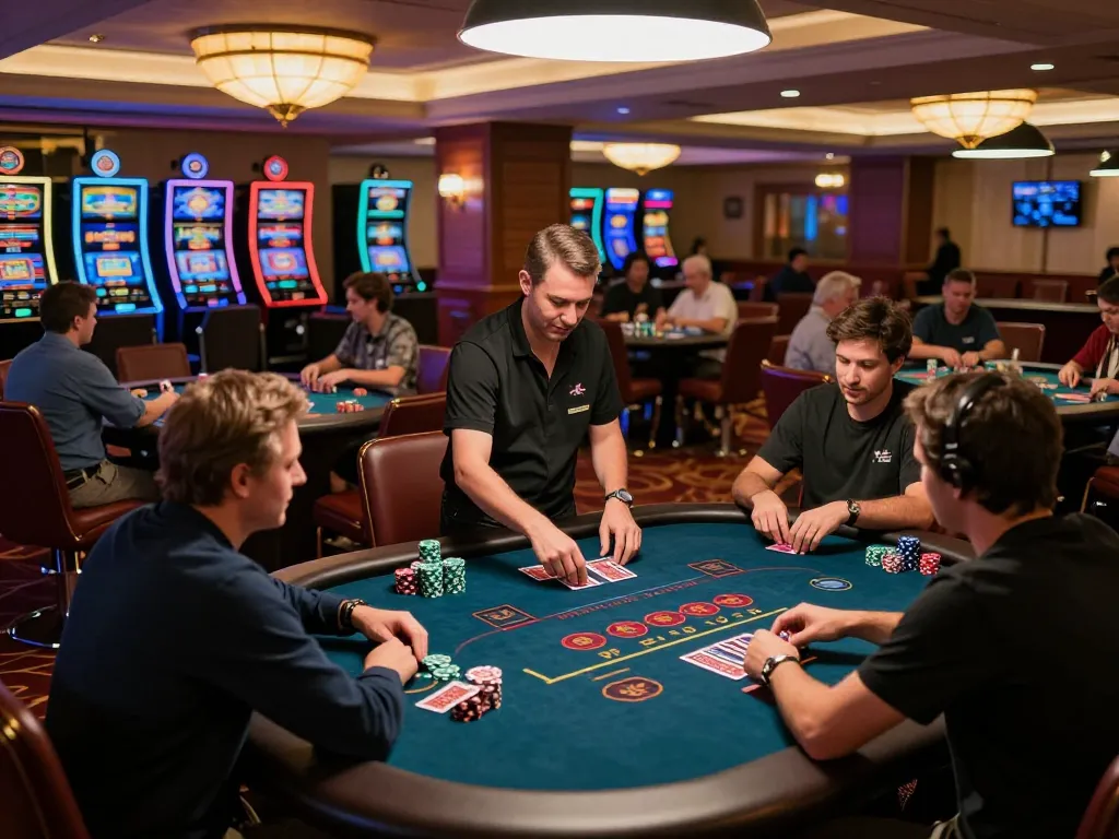 Players engaging in blackjack strategy at u888poker's upscale casino floor, showcasing vibrant gaming atmosphere.