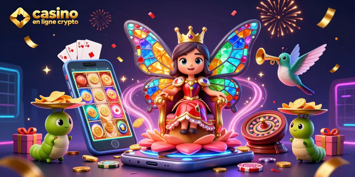 Jouez sur un casino en ligne crypto avec des personnages futuristes entourés de pièces et de jeux.