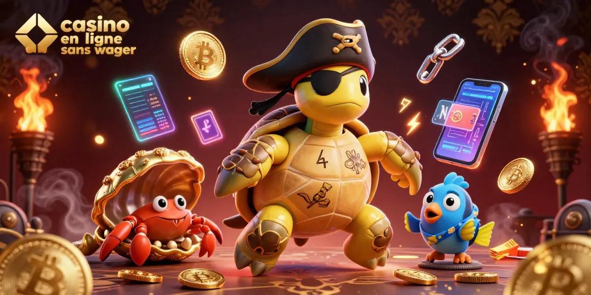 Interagissez avec des bonus de casino en ligne sans wager mettant en scène une tortue pirate en dessin animé et ses amis au milieu de trésors.