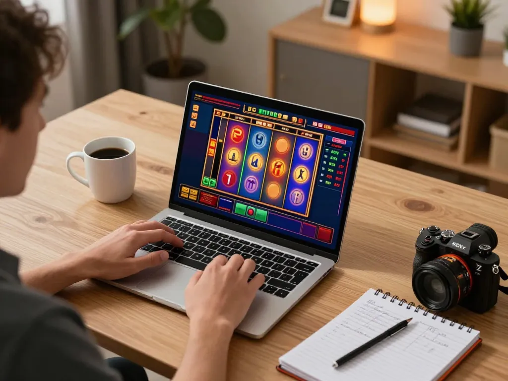 Engaging online gaming moment on agenslot188 showing slot machine in action with player's hands on laptop.