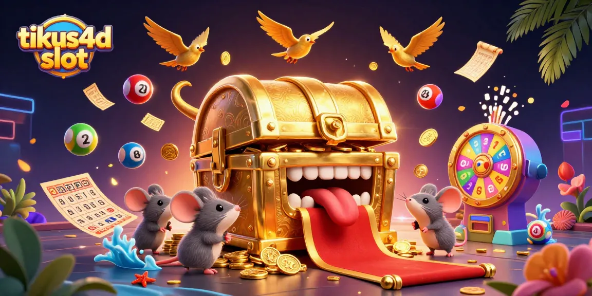 Tikus4D slot offers exciting gaming with vibrant elements, colorful lottery balls, and a dynamic treasure scene.