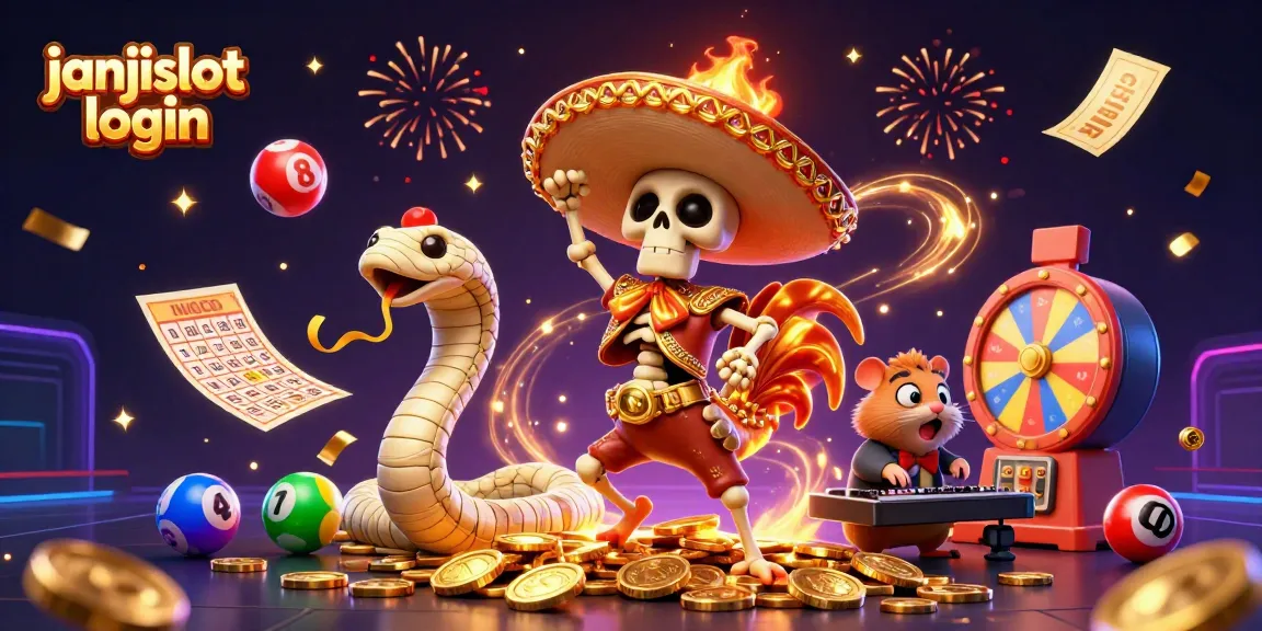 Engage with janjislot login while enjoying a colorful gambling celebration scene filled with fun elements.