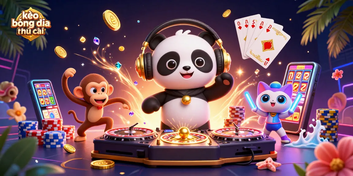 Bet on kèo bóng đá nhà cái with a DJ panda, dancing monkey, and rave kitten in a vibrant casino scene.