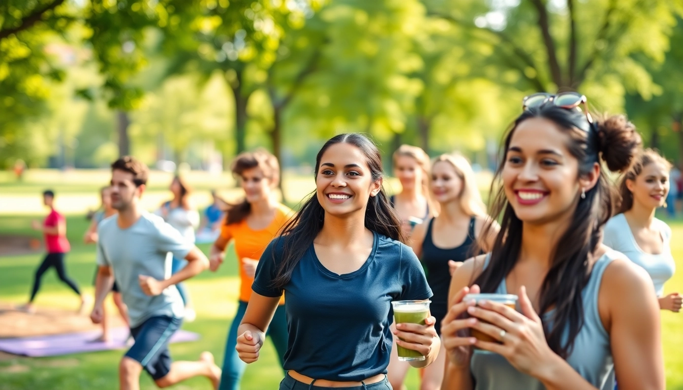 Engaged individuals enhancing their health through outdoor activities in a vibrant park.
