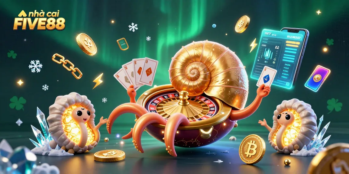 Engage with nhà cái FIVE88 in an exciting cartoon scene showcasing a mythical nautilus with gaming symbols.