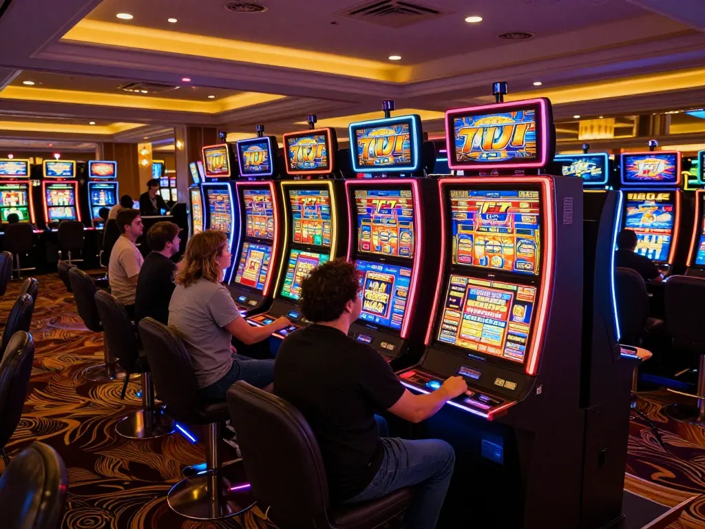 Engaging in thrilling slot777 gameplay at a colorful casino with vibrant machines.