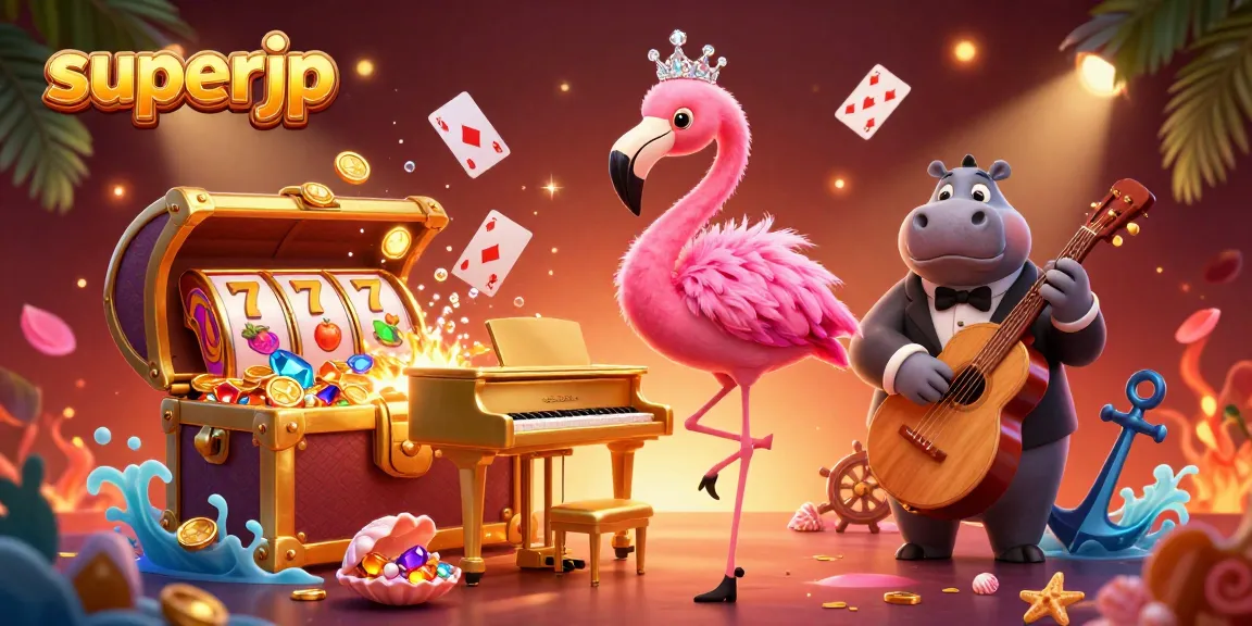 Experience vibrant gaming action with superjp as colorful slots surround a fashionable flamingo singer.