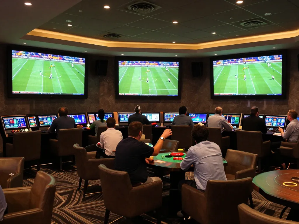CakhiaTV patrons enjoying immersive football betting experience in a modern lounge environment