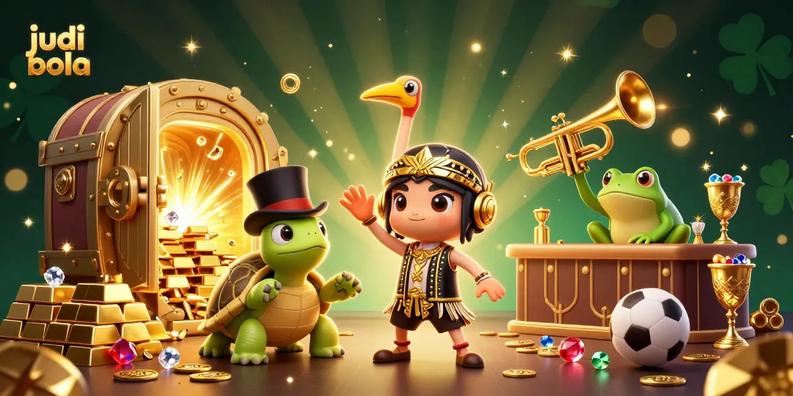Bet on judi bola with vibrant celebration featuring a crane, turtle, and frog amid lavish riches.
