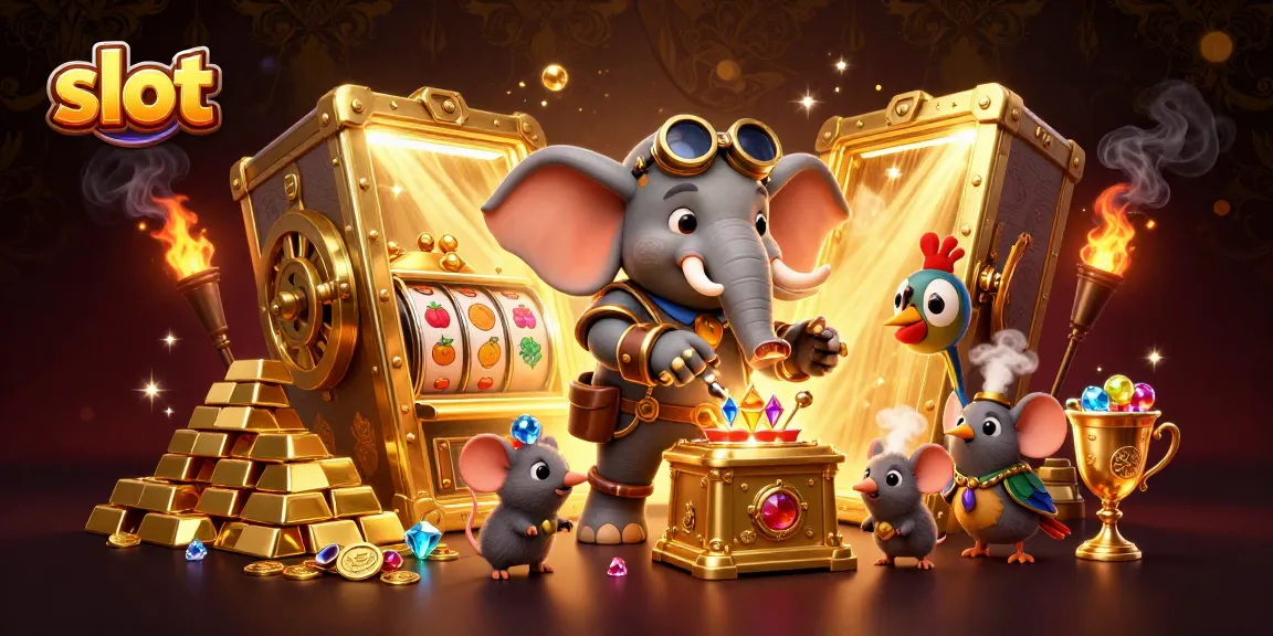 Experience thrilling slot gameplay with a steampunk elephant engineer at a golden slot machine.