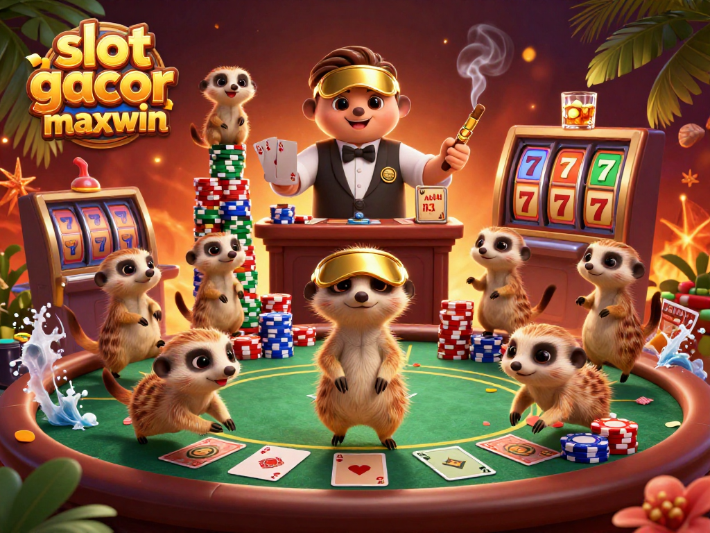 Gambarkan aksi slot gacor maxwin dengan koloni meerkat menjalankan operasi kasino secara dinamis.