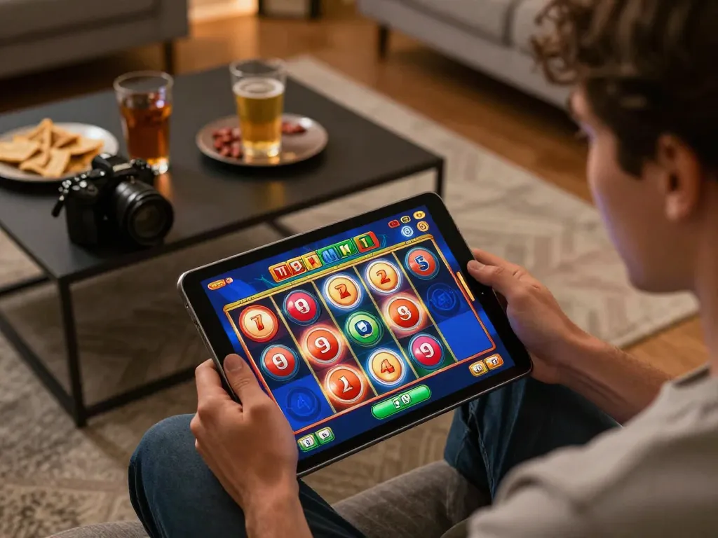 Experience the excitement of apk slot bet 50 perak deposit 5000 in a cozy home setting with a user engaging in thrilling online gambling.