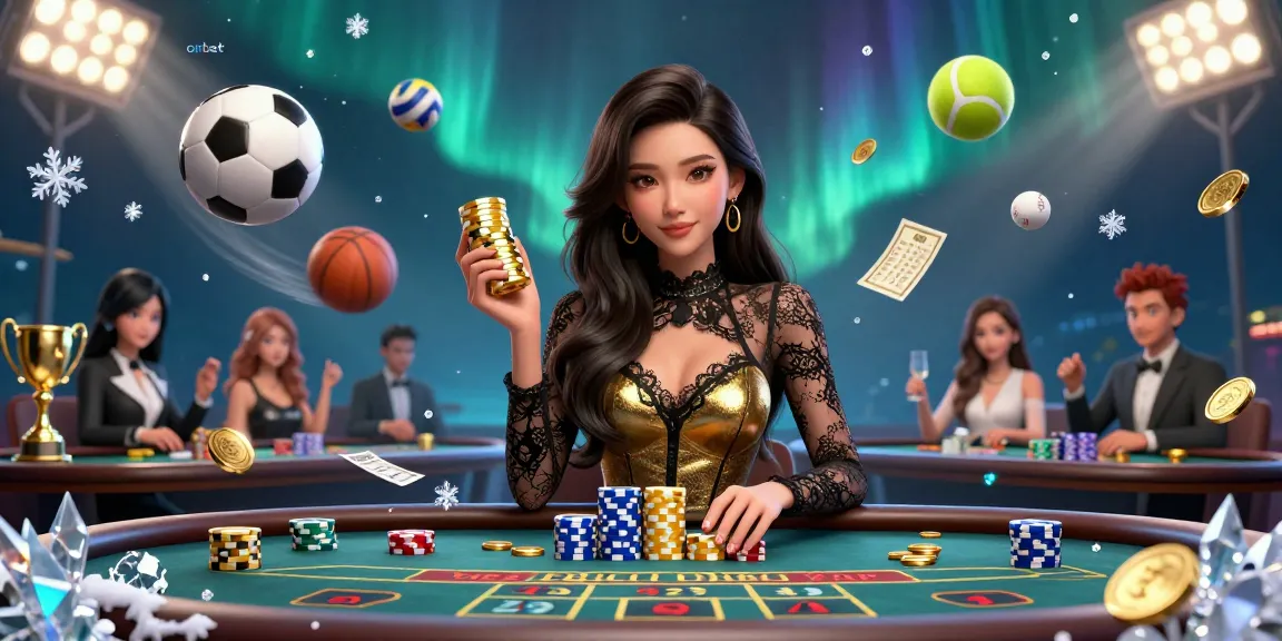 Experience high-stakes gaming with onbet at a VIP baccarat table, surrounded by golden chips and dynamic sports elements.