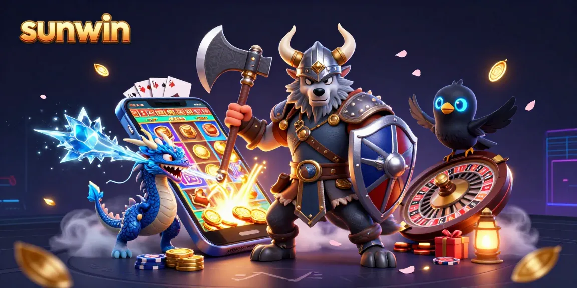 Win big with sunwin's thrilling casino adventures featuring a Viking warrior, dragon, and vibrant gaming elements.