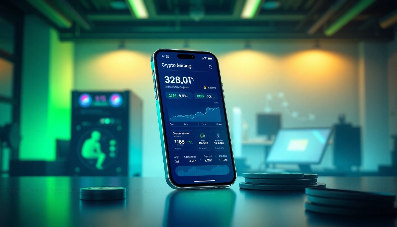 Innovative crypto mining app interface on smartphone in a modern workspace.