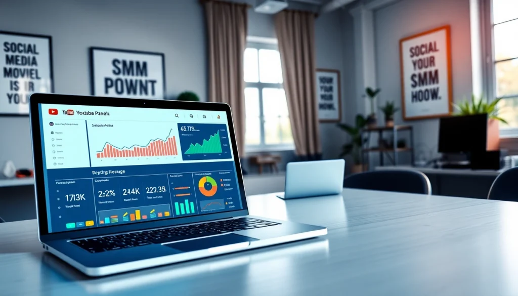 Visualize a dynamic YouTube SMM panel on a sleek laptop in a creative workspace, showcasing analytics and engagement metrics.