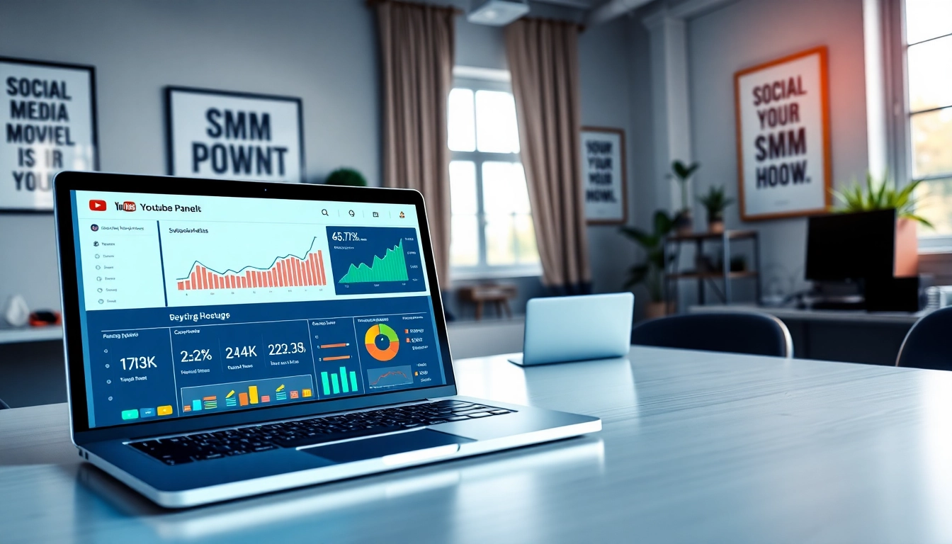Visualize a dynamic YouTube SMM panel on a sleek laptop in a creative workspace, showcasing analytics and engagement metrics.