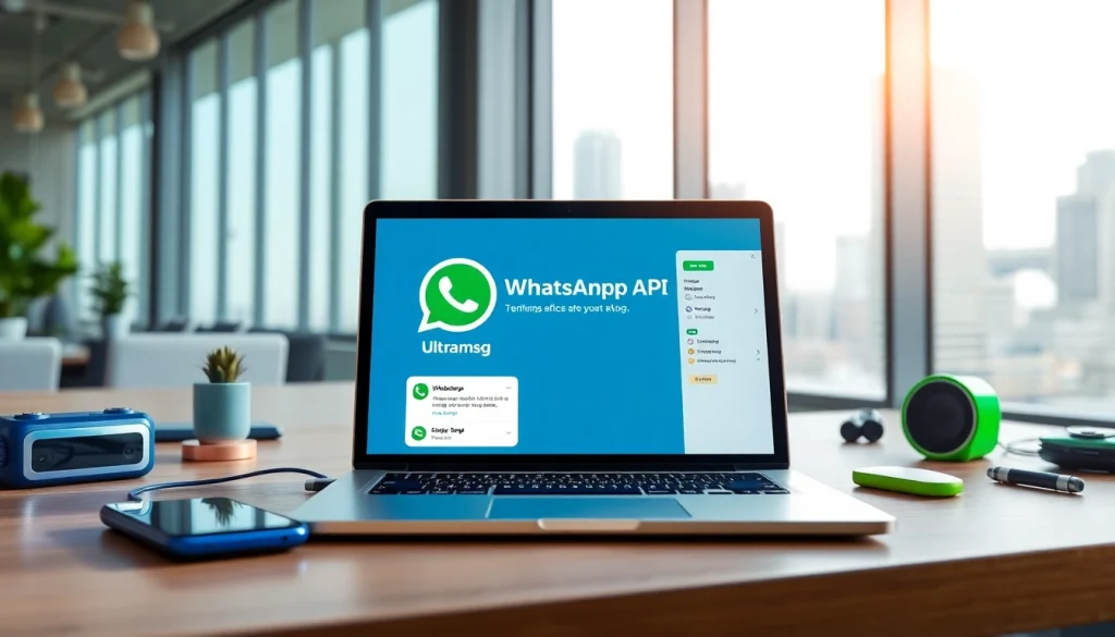 Engaging WhatsApp API interface using ultramsg shown on a modern laptop in an innovative workspace.