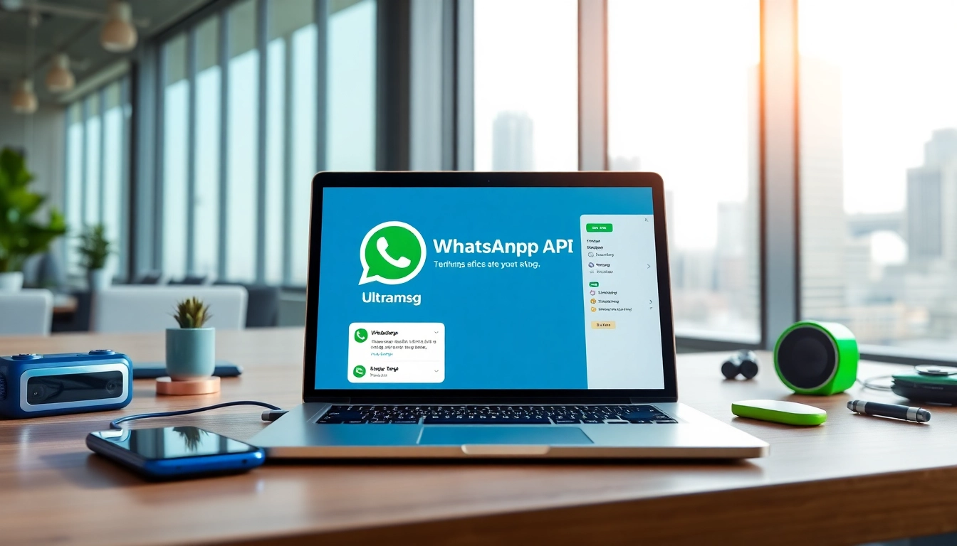 Engaging WhatsApp API interface using ultramsg shown on a modern laptop in an innovative workspace.