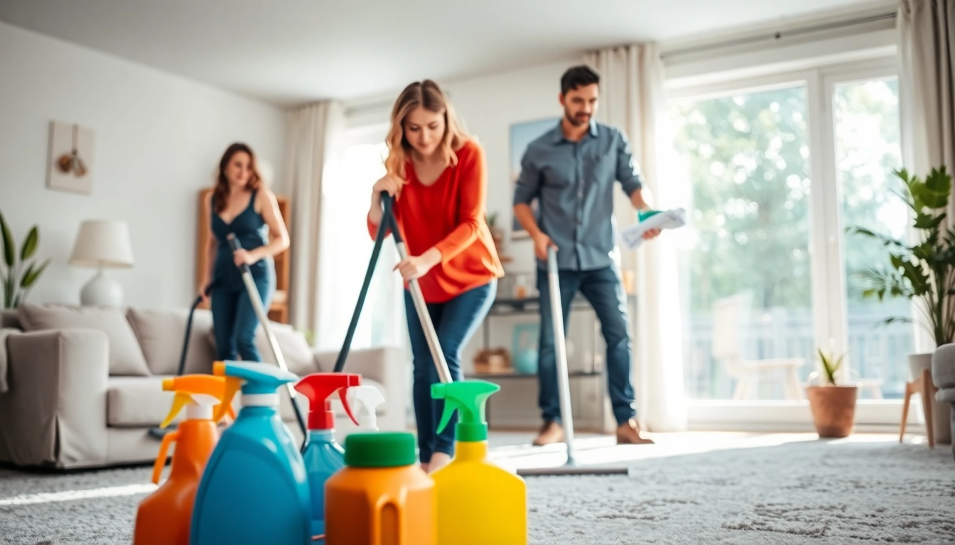 Cleaning Service team performing professional home cleaning with bright, fresh atmosphere.