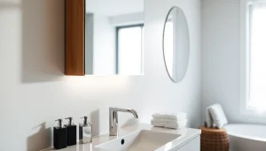 Eleganter sonni Spiegelschrank im modernen Badezimmer mit stilvollen Akzenten und warmem Licht.