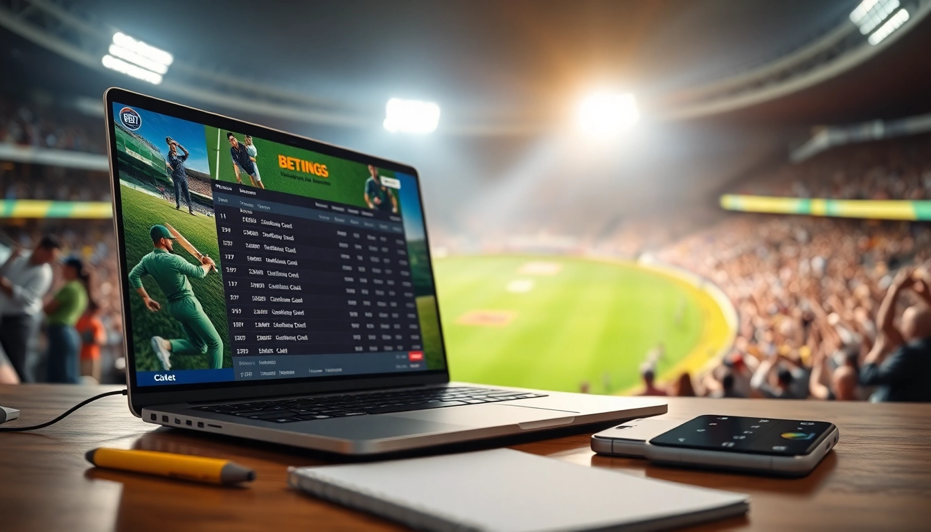 Analyze top best sports betting sites India with a vibrant betting setup and cricket match backdrop.