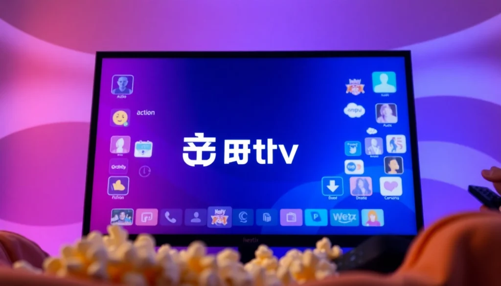 오징어tv 스트리밍 인터페이스와 다양한 장르 아이콘을 보여주는 일러스트