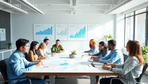 Showcasing small business SEO services, a diverse team collaborates in a bright workspace.