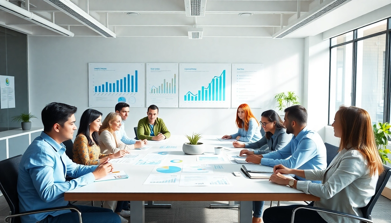 Showcasing small business SEO services, a diverse team collaborates in a bright workspace.