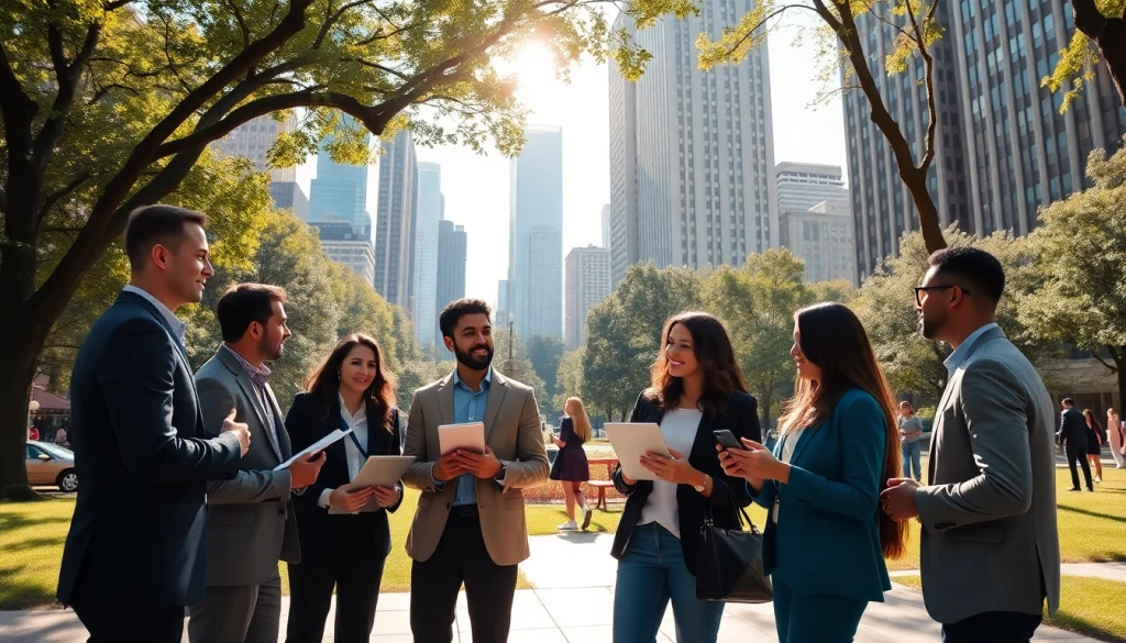 Network of job seekers in a Chicago park showcasing diverse talents in Chicago jobs.