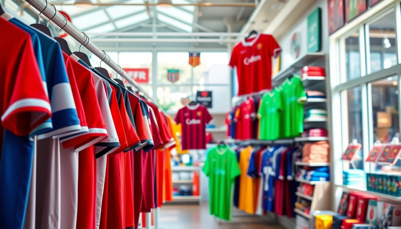 Showcase of discount football shirts in a vibrant sports store, inviting football fans to shop.