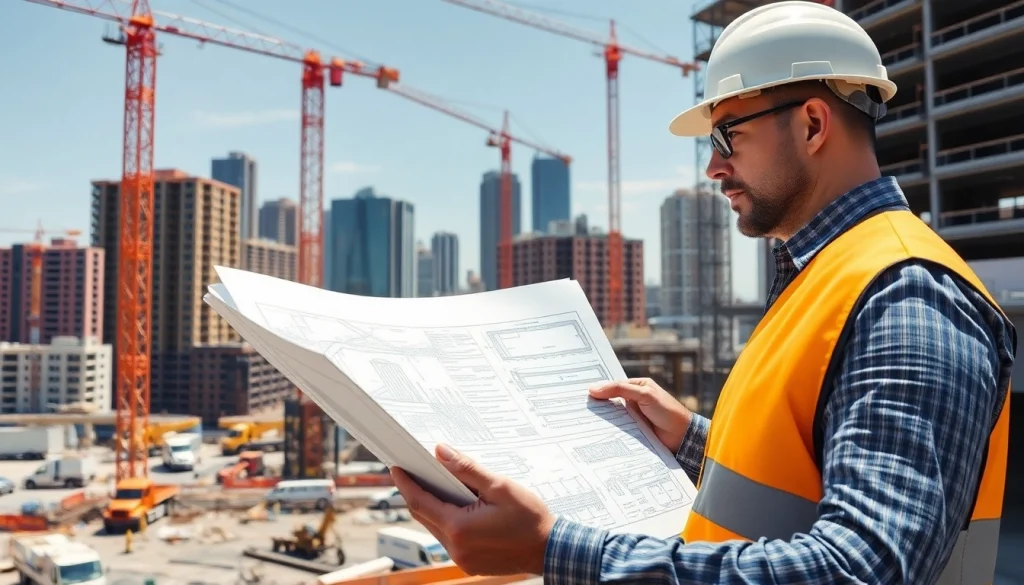 New York Construction Manager analyzing project blueprints at a busy construction site.