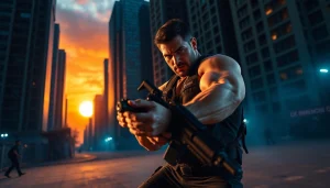 Bayside Boom action scene depicting a determined ex-special forces captain in an urban standoff.