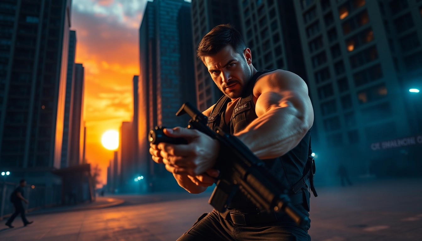 Bayside Boom action scene depicting a determined ex-special forces captain in an urban standoff.