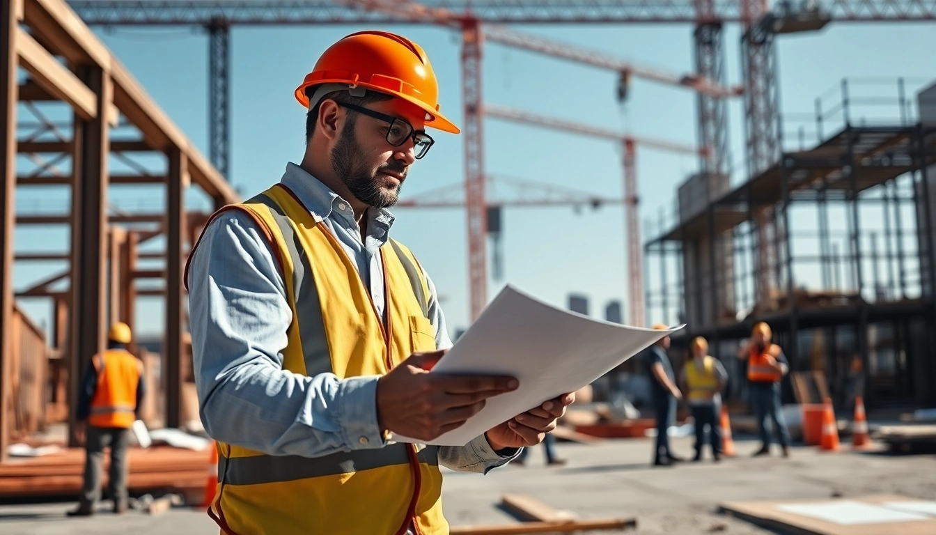 Manhattan Commercial General Contractor reviewing blueprints at a bustling construction site.