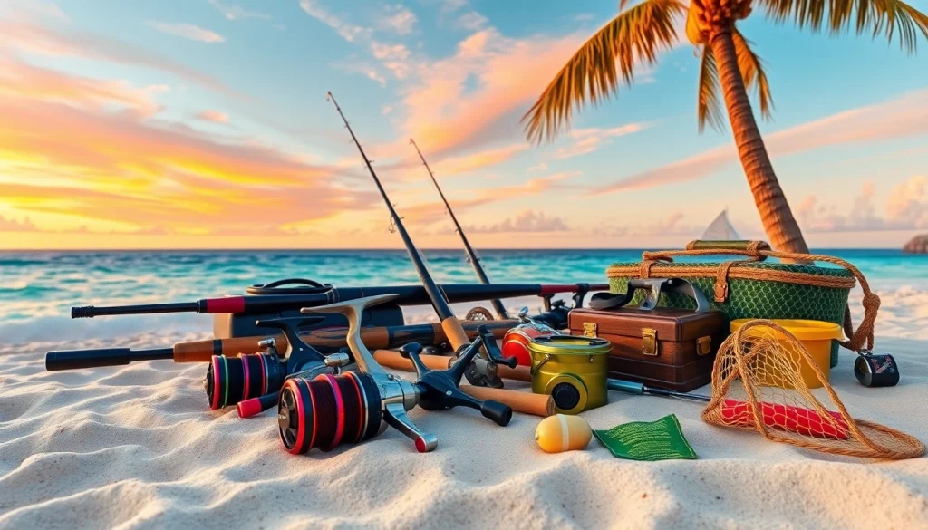 Showcase of vibrant fishing gear for Cabo on a sandy beach, highlighting rods and reels.