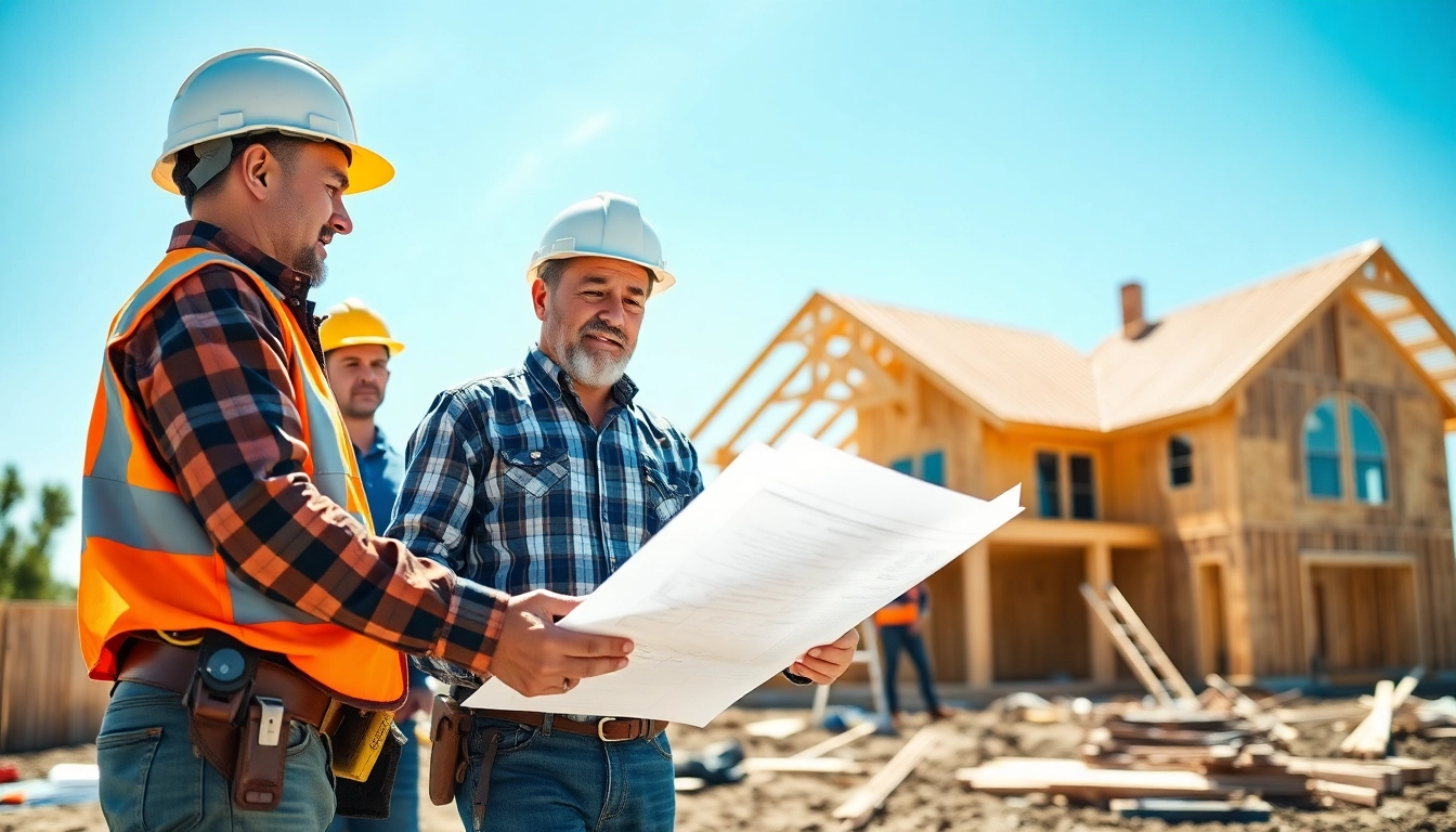 New Jersey General Contractor supervising a construction team with blueprints at a site.