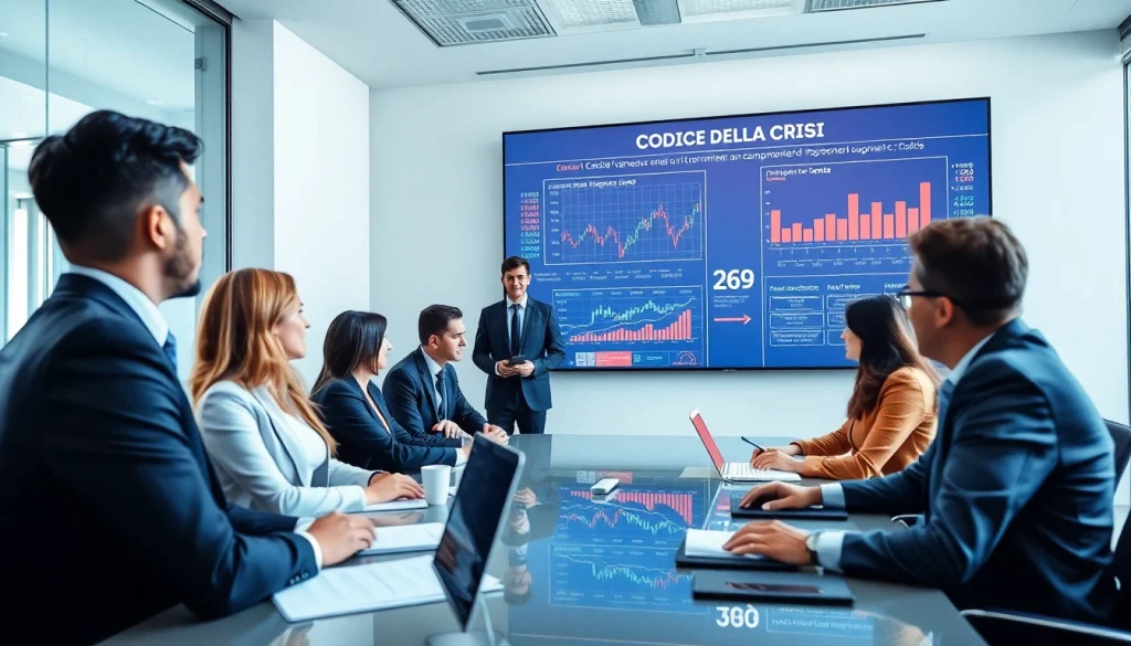 Professionisti d'affari impegnati a discutere del Codice della Crisi e delle Procedure in un ufficio moderno con schermi digitali.