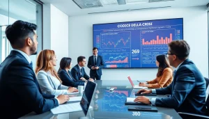 Professionisti d'affari impegnati a discutere del Codice della Crisi e delle Procedure in un ufficio moderno con schermi digitali.