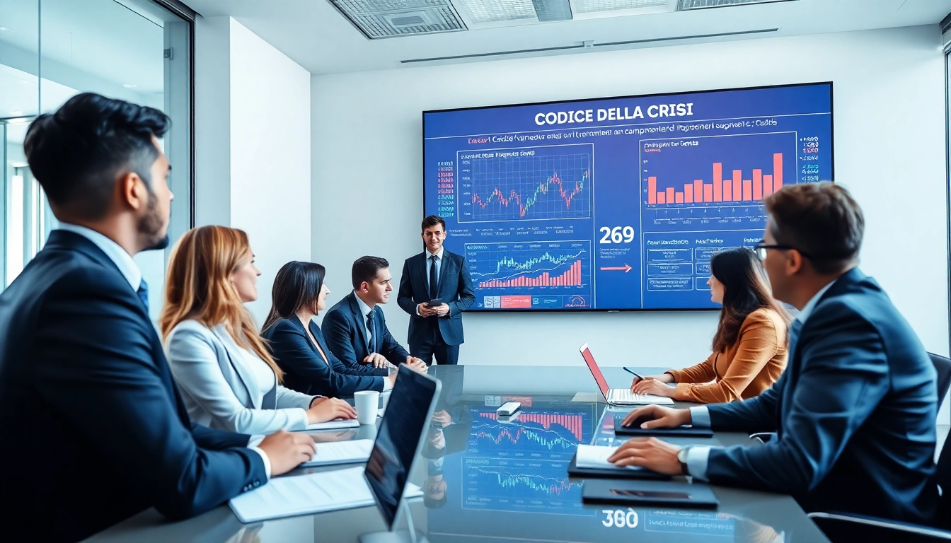 Professionisti d'affari impegnati a discutere del Codice della Crisi e delle Procedure in un ufficio moderno con schermi digitali.