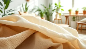 Linnen stoffen in verschillende tinten en texturen in een cozy omgeving.