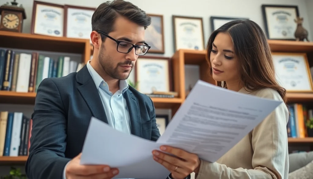 Public Adjuster Near Me helping homeowner understand insurance claims in a professional office.