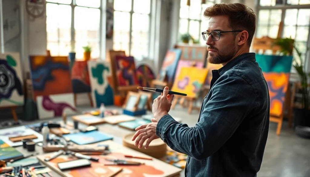 Artist demonstrating ar triggers techniques with vibrant colors in a creative workspace.
