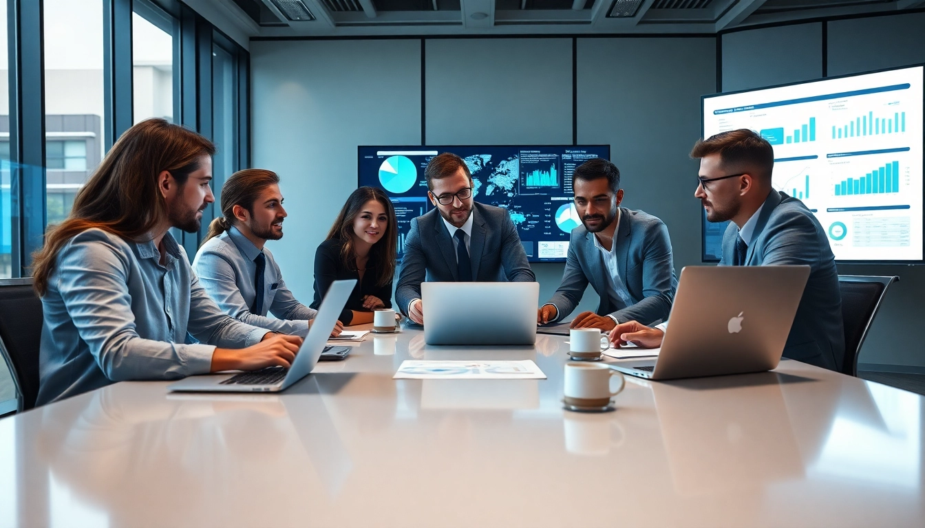 Business team discussing competitive intelligence strategy in a modern office.