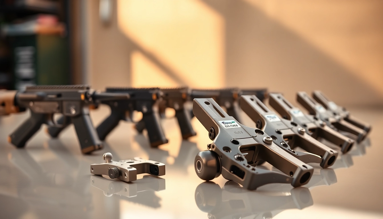 Showcasing AR triggers with unique designs and metallic finishes for firearms enthusiasts.