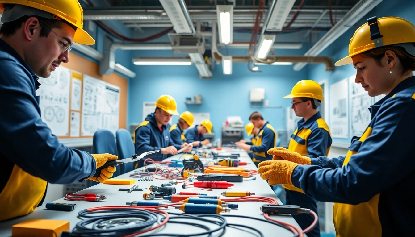 Students engaged in hands-on learning at an electrician trade school Colorado, showcasing professional skills.