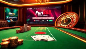 Exciting gaming scene with the Fun88 link at a luxurious casino blackjack table.