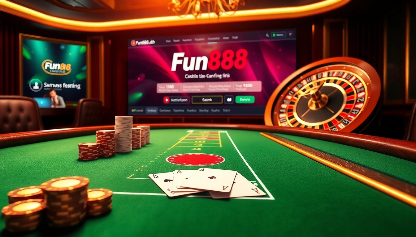 Exciting gaming scene with the Fun88 link at a luxurious casino blackjack table.