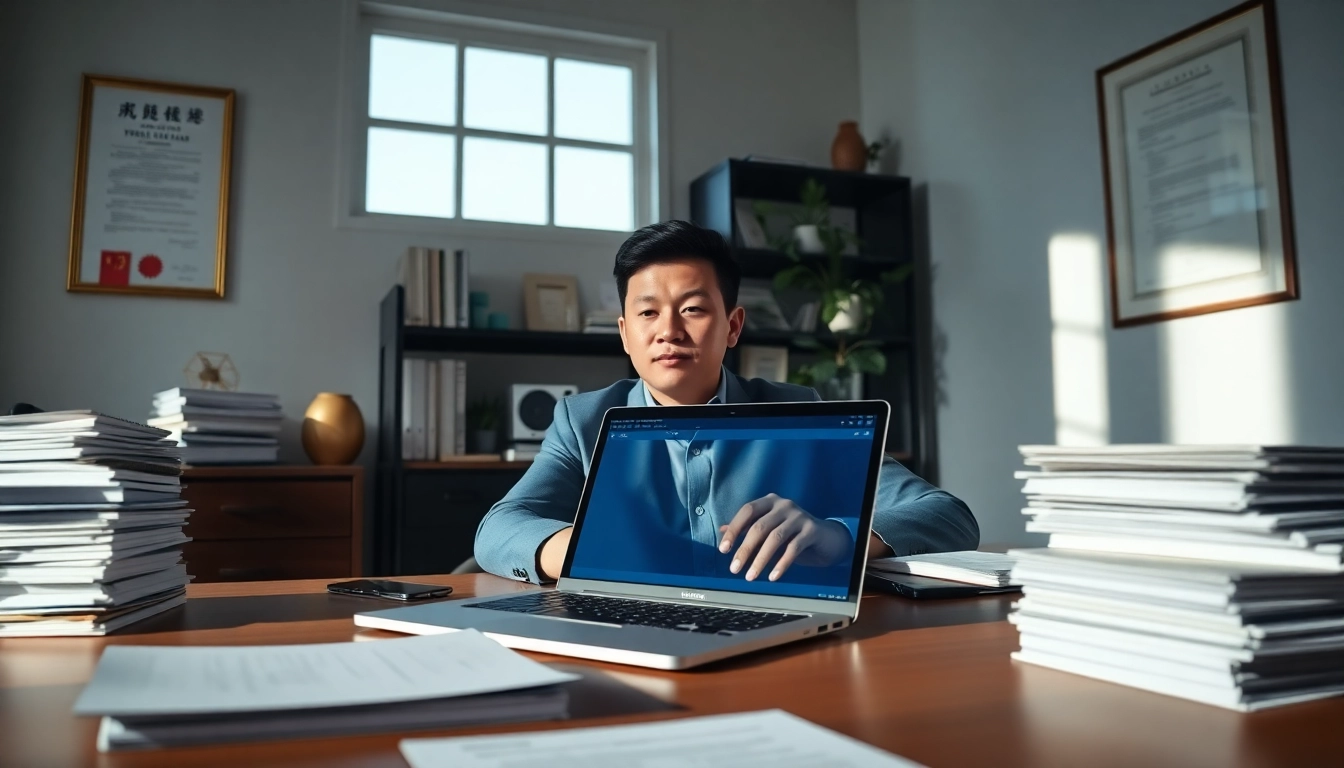 Bureau d'un traducteur professionnel avec un focus sur le traducteur assermenté chinois au travail.